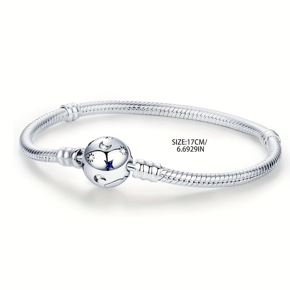 Elegant 925 Silver-Plated Moon & Stars Bracelet with Synthetic Zirconia