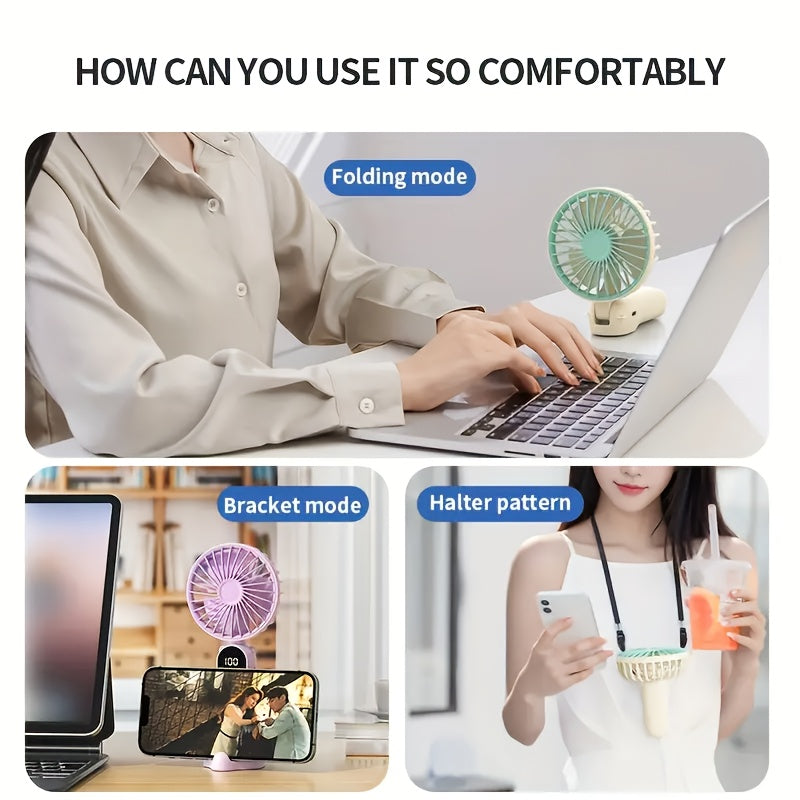 Portable Rechargeable Mini Fan – 6 Speeds, LED Display & Foldable Base