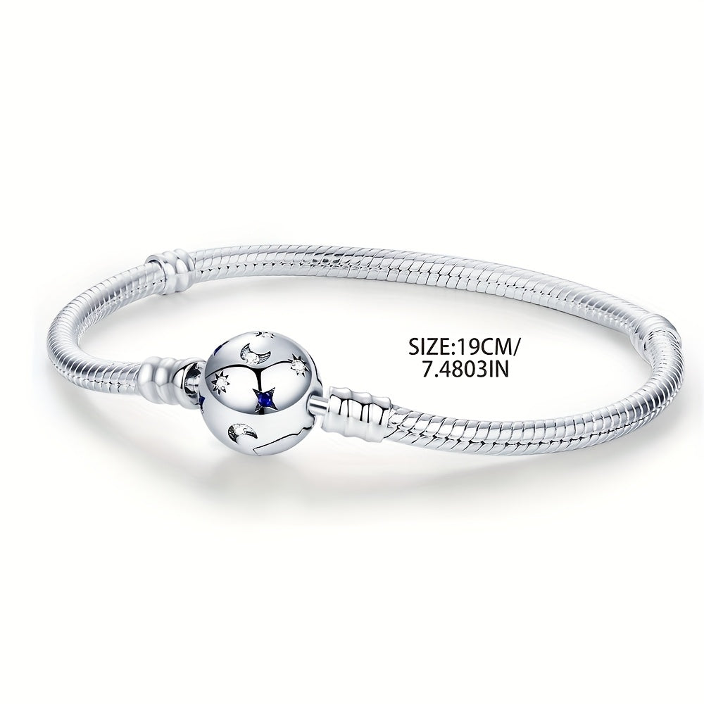 Elegant 925 Silver-Plated Moon & Stars Bracelet with Synthetic Zirconia