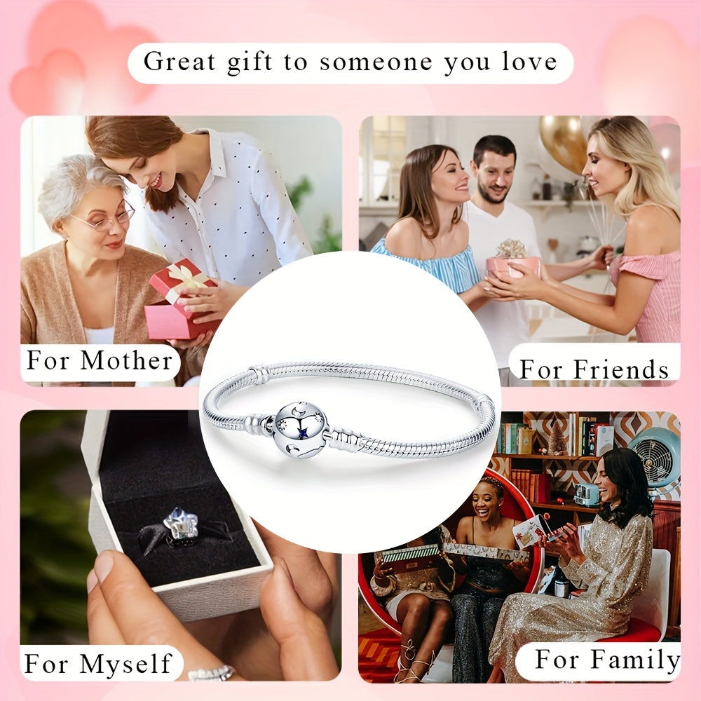 Elegant 925 Silver-Plated Moon & Stars Bracelet with Synthetic Zirconia