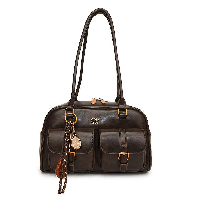 Elegant Coffee PU Shoulder Bag – Multi-Pocket Vintage Chic