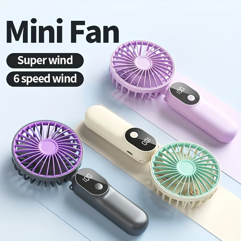 Portable Rechargeable Mini Fan – 6 Speeds, LED Display & Foldable Base