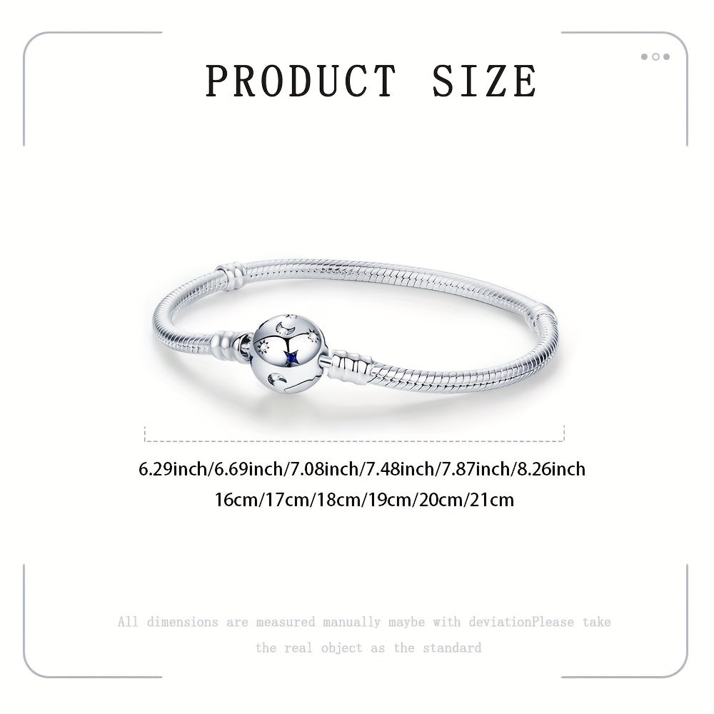 Elegant 925 Silver-Plated Moon & Stars Bracelet with Synthetic Zirconia