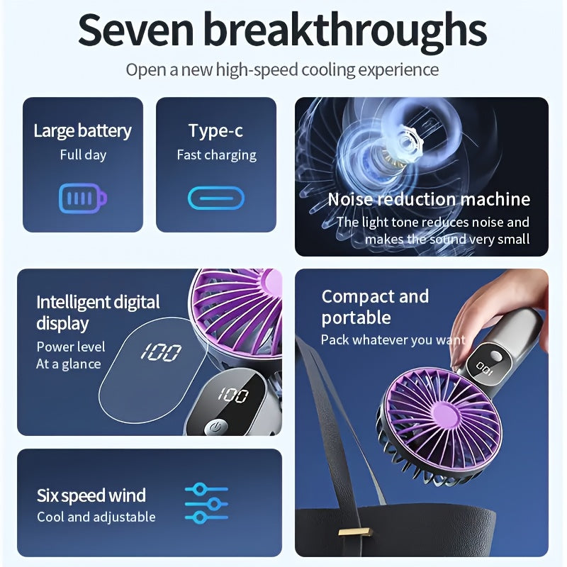 Portable Rechargeable Mini Fan – 6 Speeds, LED Display & Foldable Base