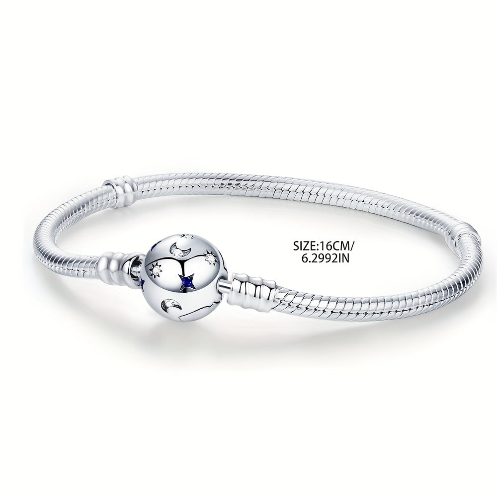 Elegant 925 Silver-Plated Moon & Stars Bracelet with Synthetic Zirconia