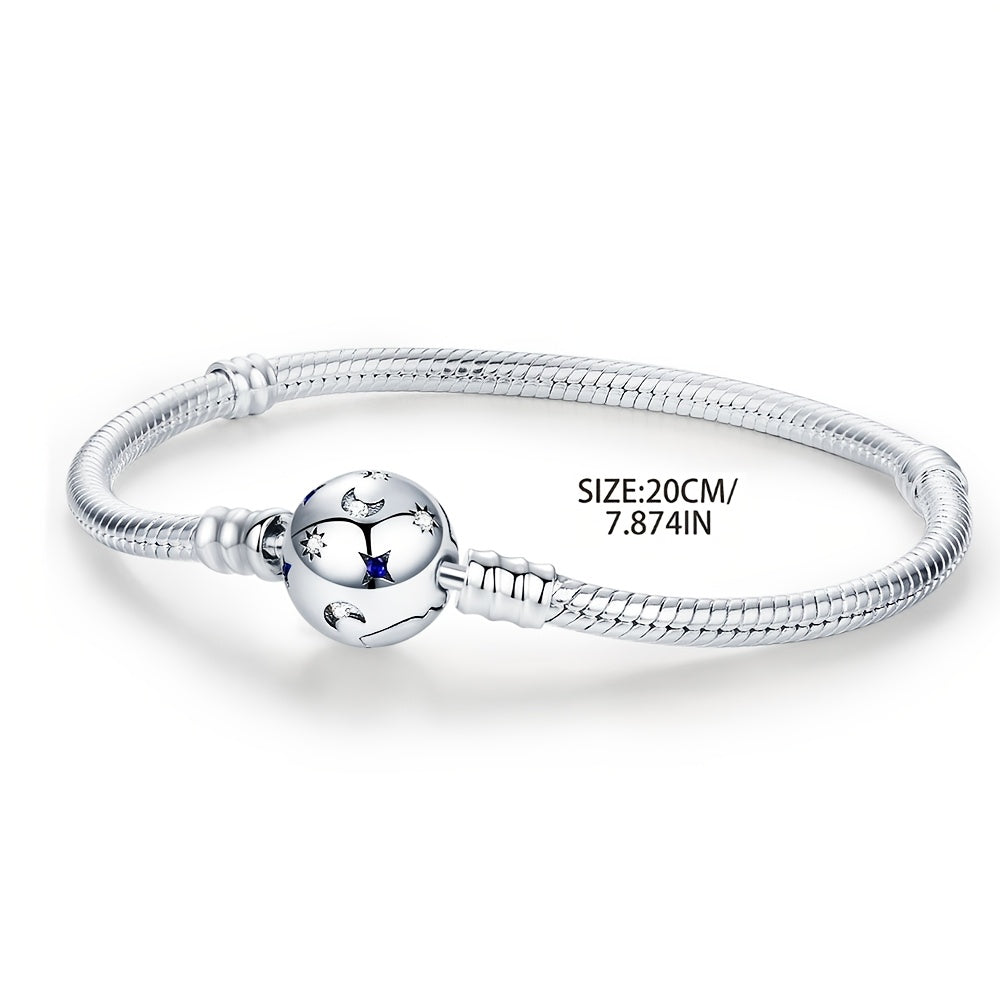 Elegant 925 Silver-Plated Moon & Stars Bracelet with Synthetic Zirconia