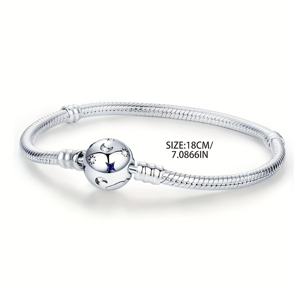 Elegant 925 Silver-Plated Moon & Stars Bracelet with Synthetic Zirconia