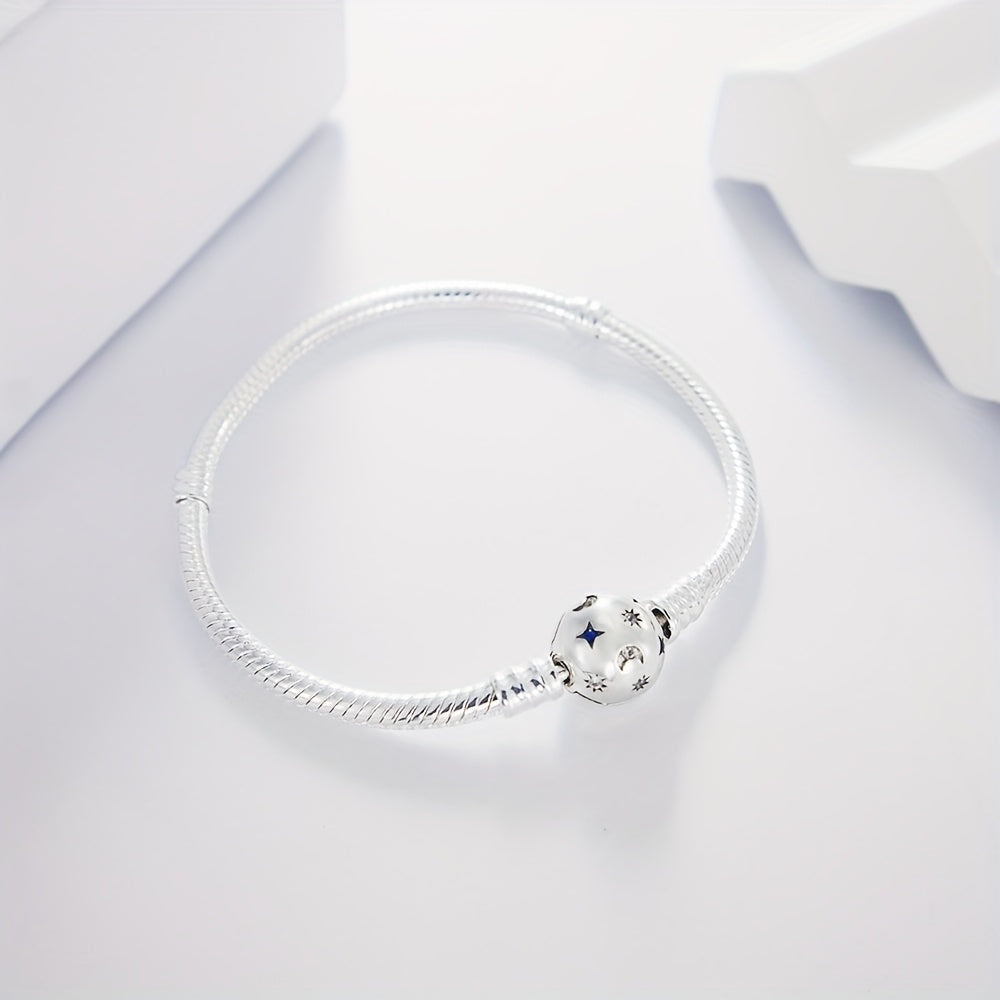 Elegant 925 Silver-Plated Moon & Stars Bracelet with Synthetic Zirconia