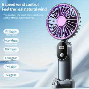 Portable Rechargeable Mini Fan – 6 Speeds, LED Display & Foldable Base