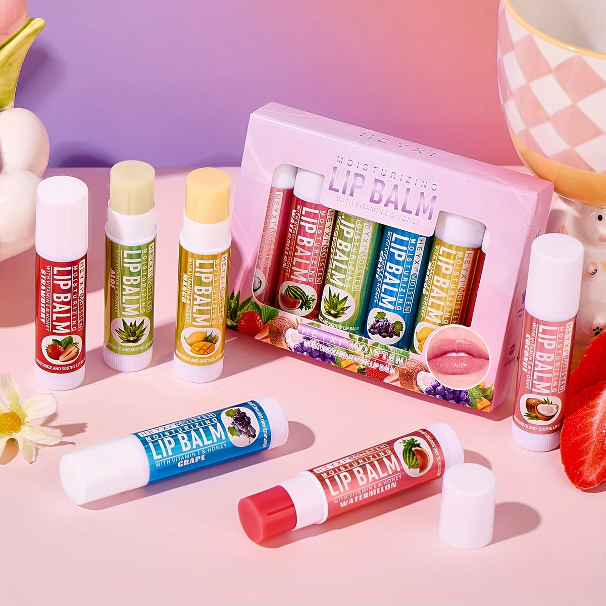 6-Pack Fruit Flavor Lip Balm Set, Moisturizing Lip Balm with Vitamin E & Honey, Assorted Berry Colors, Natural Look, Creamy Texture, Suitable for All Skin Types, Adult Use