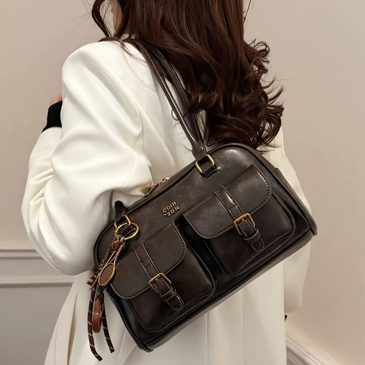 Elegant Coffee PU Shoulder Bag – Multi-Pocket Vintage Chic