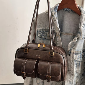 Elegant Coffee PU Shoulder Bag – Multi-Pocket Vintage Chic