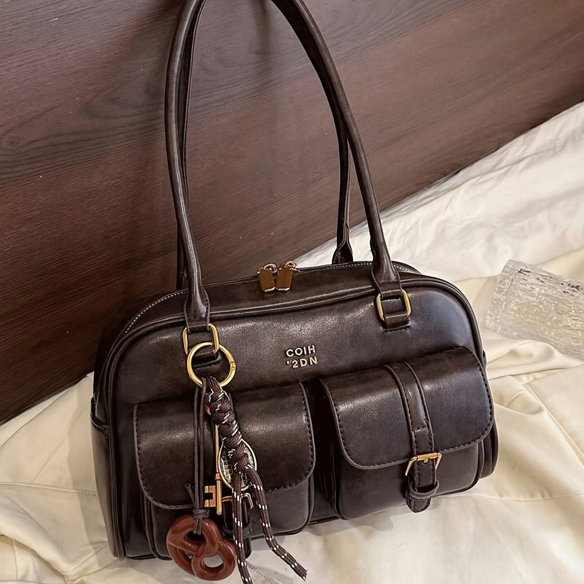 Elegant Coffee PU Shoulder Bag – Multi-Pocket Vintage Chic