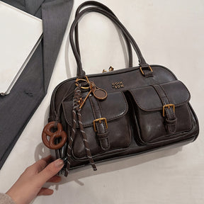 Elegant Coffee PU Shoulder Bag – Multi-Pocket Vintage Chic