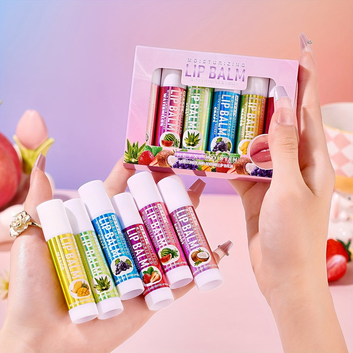 6-Pack Fruit Flavor Lip Balm Set, Moisturizing Lip Balm with Vitamin E & Honey, Assorted Berry Colors, Natural Look, Creamy Texture, Suitable for All Skin Types, Adult Use