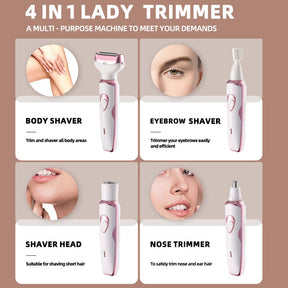 4-in-1 oplaadbare scheerapparaat voor vrouwen - Trimmer voor gezicht, lichaam, neus en wenkbrauwen