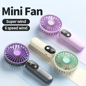 Portable Rechargeable Mini Fan – 6 Speeds, LED Display & Foldable Base