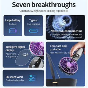Portable Rechargeable Mini Fan – 6 Speeds, LED Display & Foldable Base