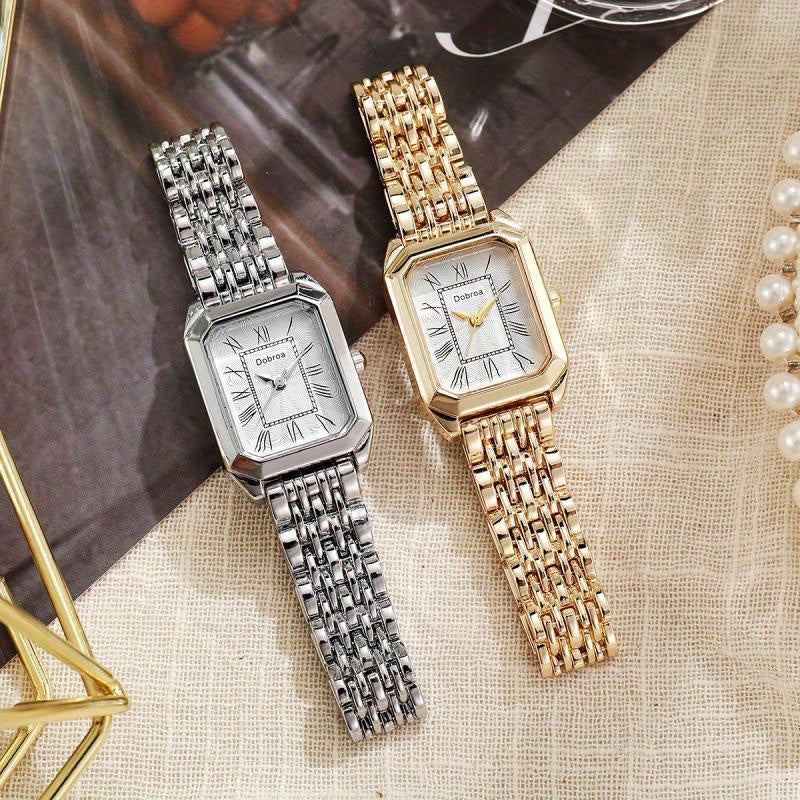 Dobroa Women'S Classic Square Quartz Watch - Hypoallergenic Stainless Steel & Golden-Tone Case, Roman Numeral Dial, Round Analog Display, Non-Rechargeable Battery, Elegant Timepiece, Everyday Timepiece, Minimalist Timepiece, Durable Timepiece