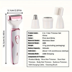 4-in-1 oplaadbare scheerapparaat voor vrouwen - Trimmer voor gezicht, lichaam, neus en wenkbrauwen